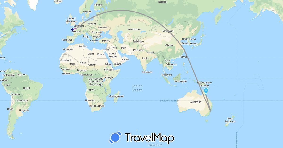 TravelMap itinerary: driving, plane, train, boat in Australia, China, France (Asia, Europe, Oceania)